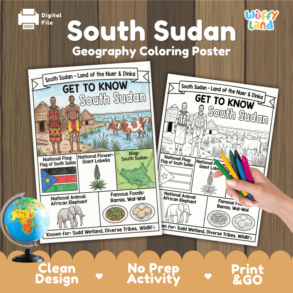 South Sudan Geography Coloring Poster and Fact Sheet Printable Worksheets