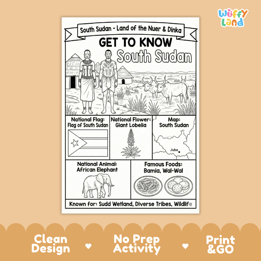 South Sudan Geography Coloring Poster and Fact Sheet Printable Worksheets