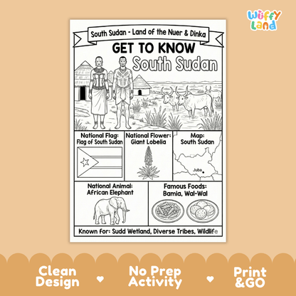 South Sudan Geography Coloring Poster and Fact Sheet Printable Worksheets
