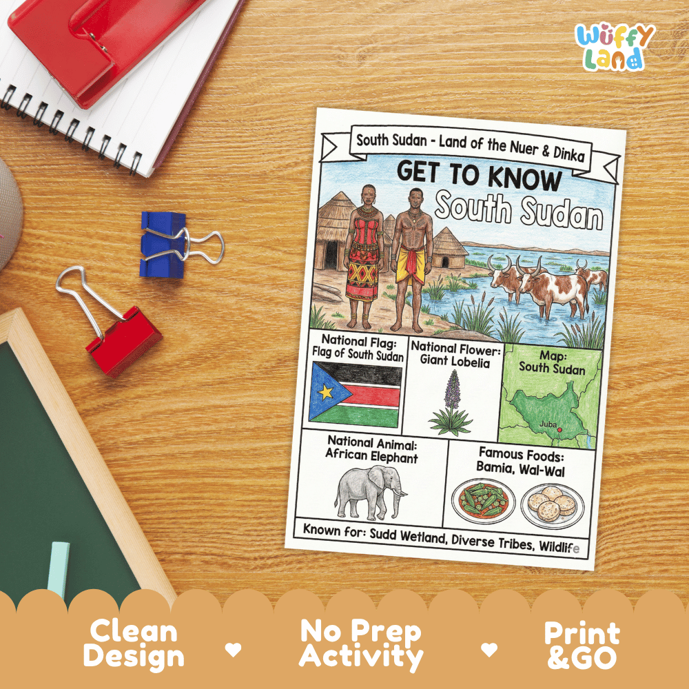 South Sudan Geography Coloring Poster and Fact Sheet Printable Worksheets