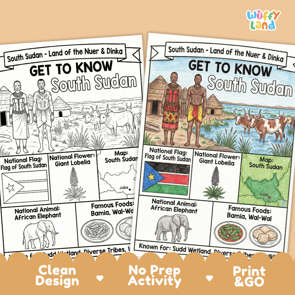 South Sudan Geography Coloring Poster and Fact Sheet Printable Worksheets