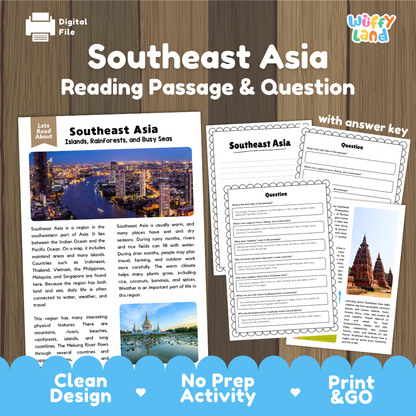 Southeast Asia reading comprehension passage and questions printable activity pack with answer key for elementary students