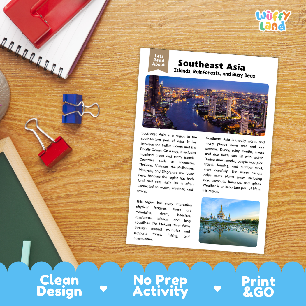 Student reading comprehension worksheet with short-answer questions and lined sections about Southeast Asia
