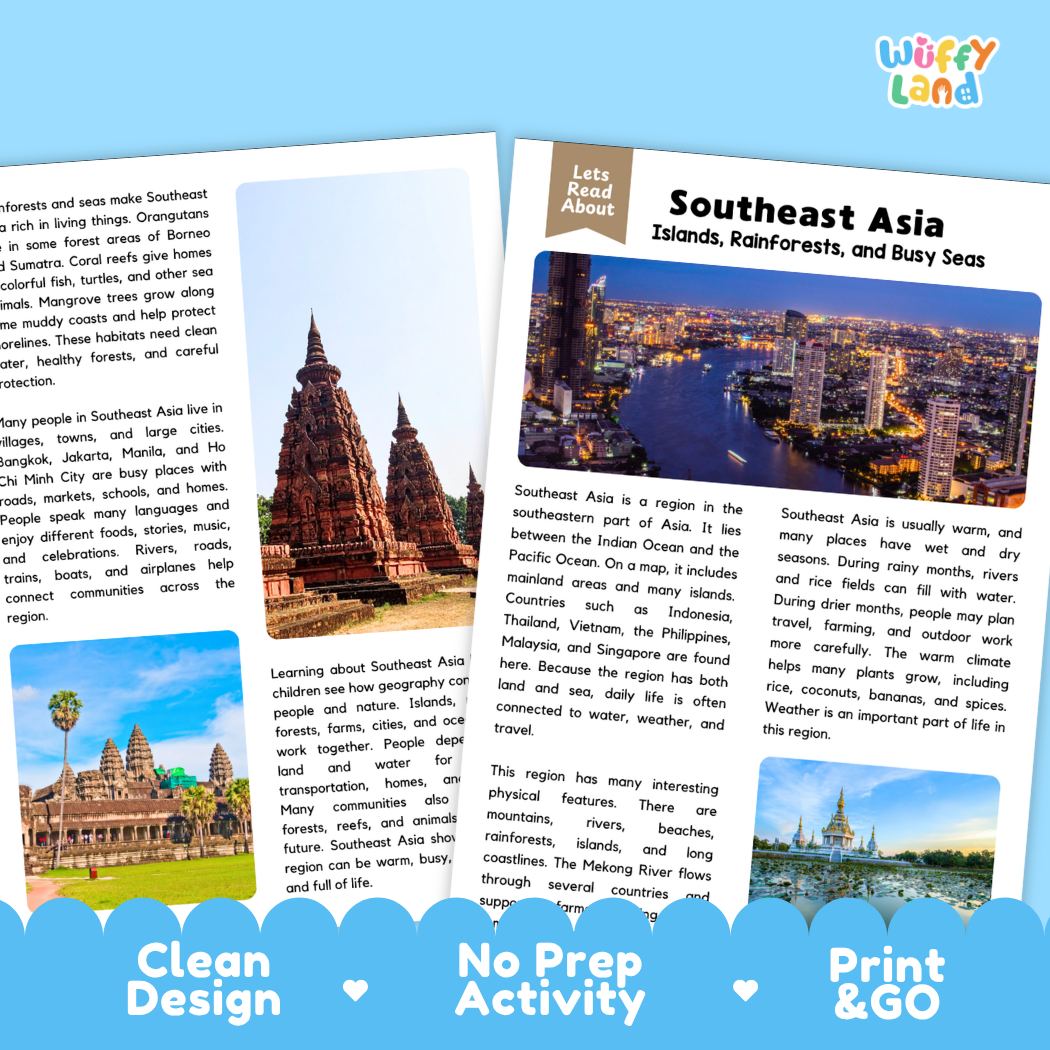 Teacher answer key page showing complete question solutions for Southeast Asia geography and science reading comprehension practice