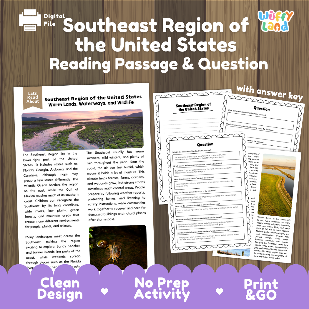 Southeast Region of the United States reading comprehension passage and questions printable activity pack with answer key for elementary students