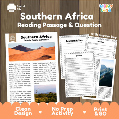 Southern Africa reading comprehension passage and questions printable activity pack with answer key for elementary students