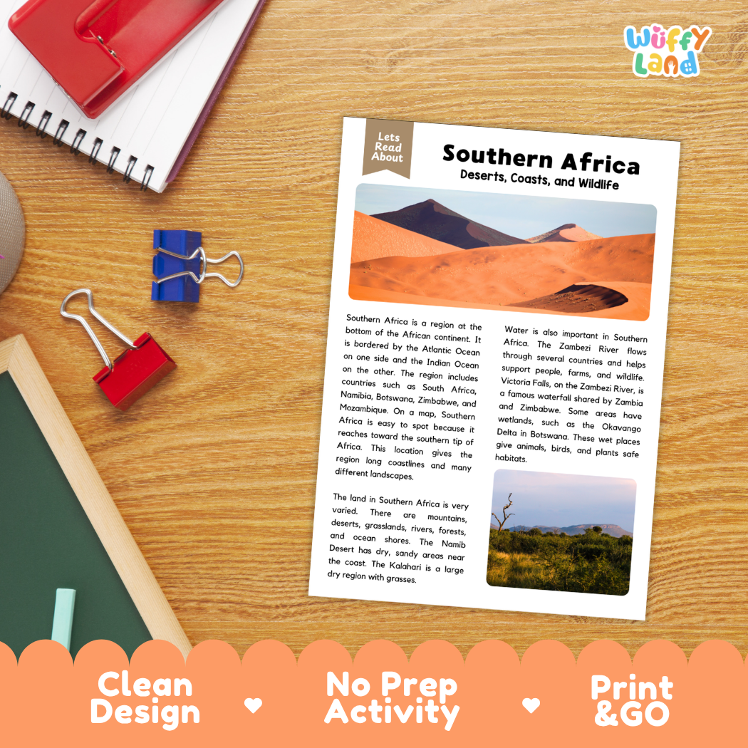 Student reading comprehension worksheet with short-answer questions and lined sections about Southern Africa geography