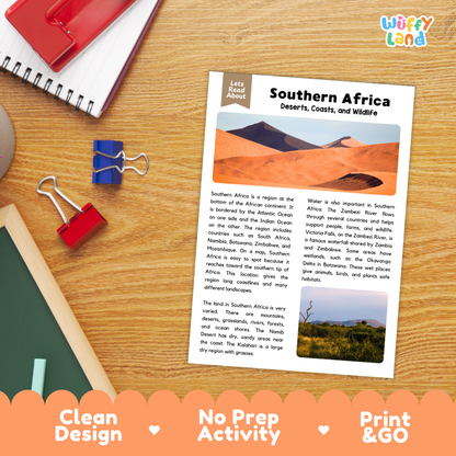 Student reading comprehension worksheet with short-answer questions and lined sections about Southern Africa geography