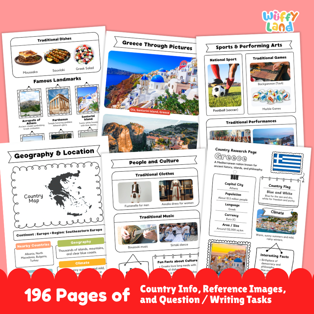 Printable country research worksheets showing flags, maps, capitals, populations, and climates for Southern European nations