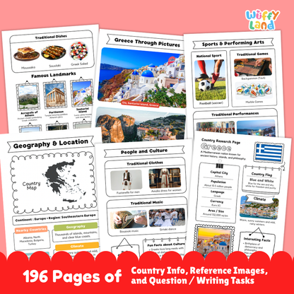 Printable country research worksheets showing flags, maps, capitals, populations, and climates for Southern European nations