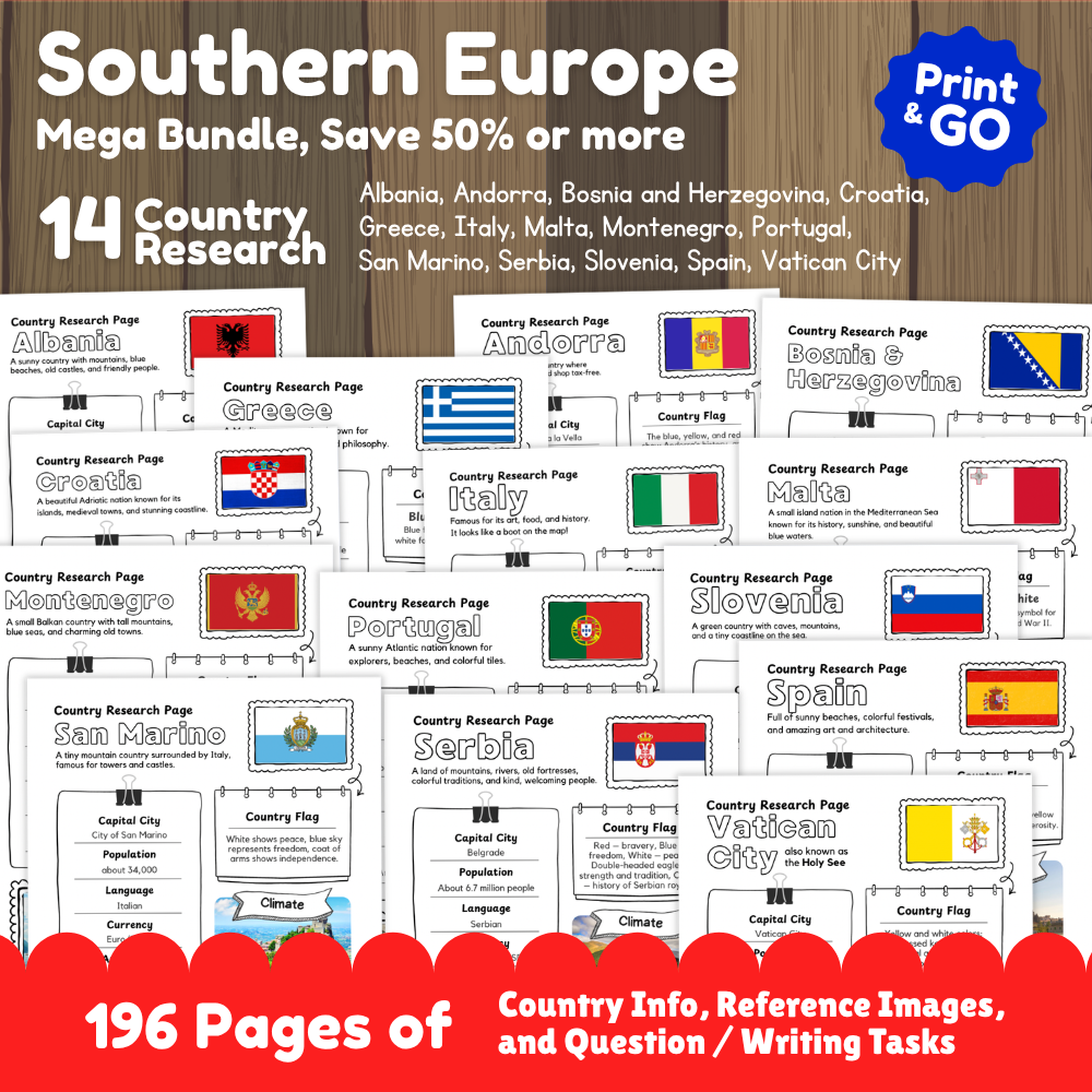 Southern Europe 14 country research mega bundle cover featuring 196 pages of worksheets, reference images, and writing tasks