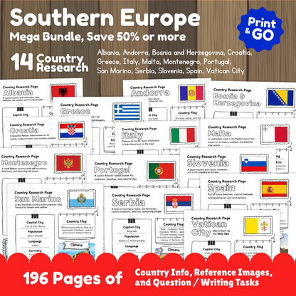 Southern Europe 14 country research mega bundle cover featuring 196 pages of worksheets, reference images, and writing tasks