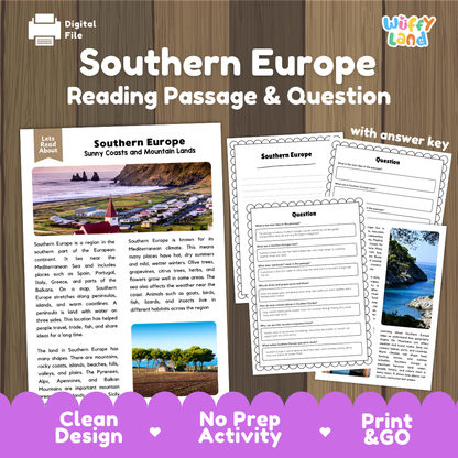 Southern Europe reading comprehension passage and questions printable activity pack with answer key for elementary students