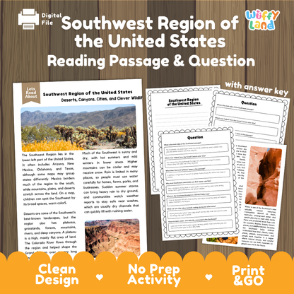 Southwest Region of the United States reading comprehension passage and questions printable activity pack with answer key for elementary students