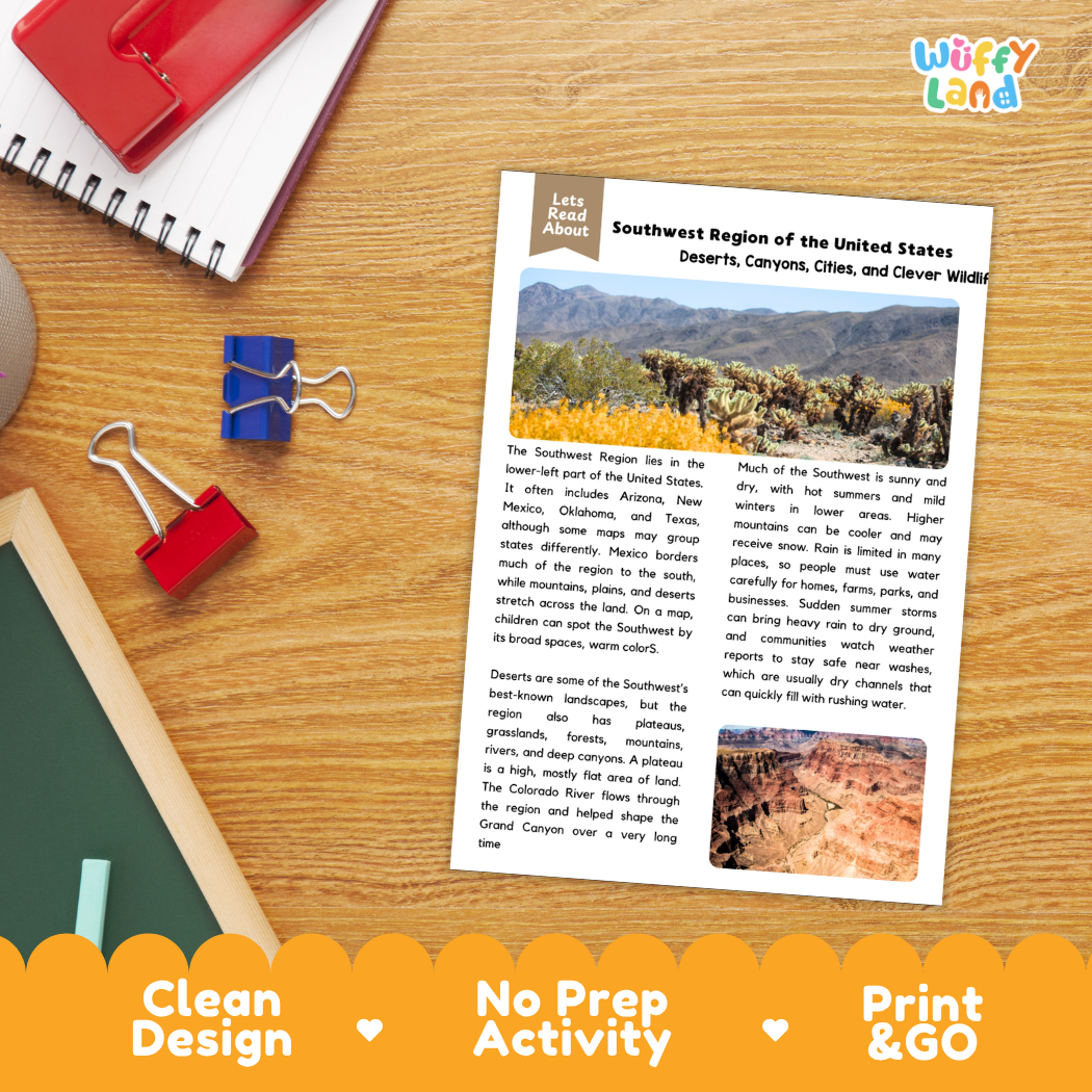 Student reading comprehension worksheet with short-answer questions and lined sections about the Southwest region of the United States