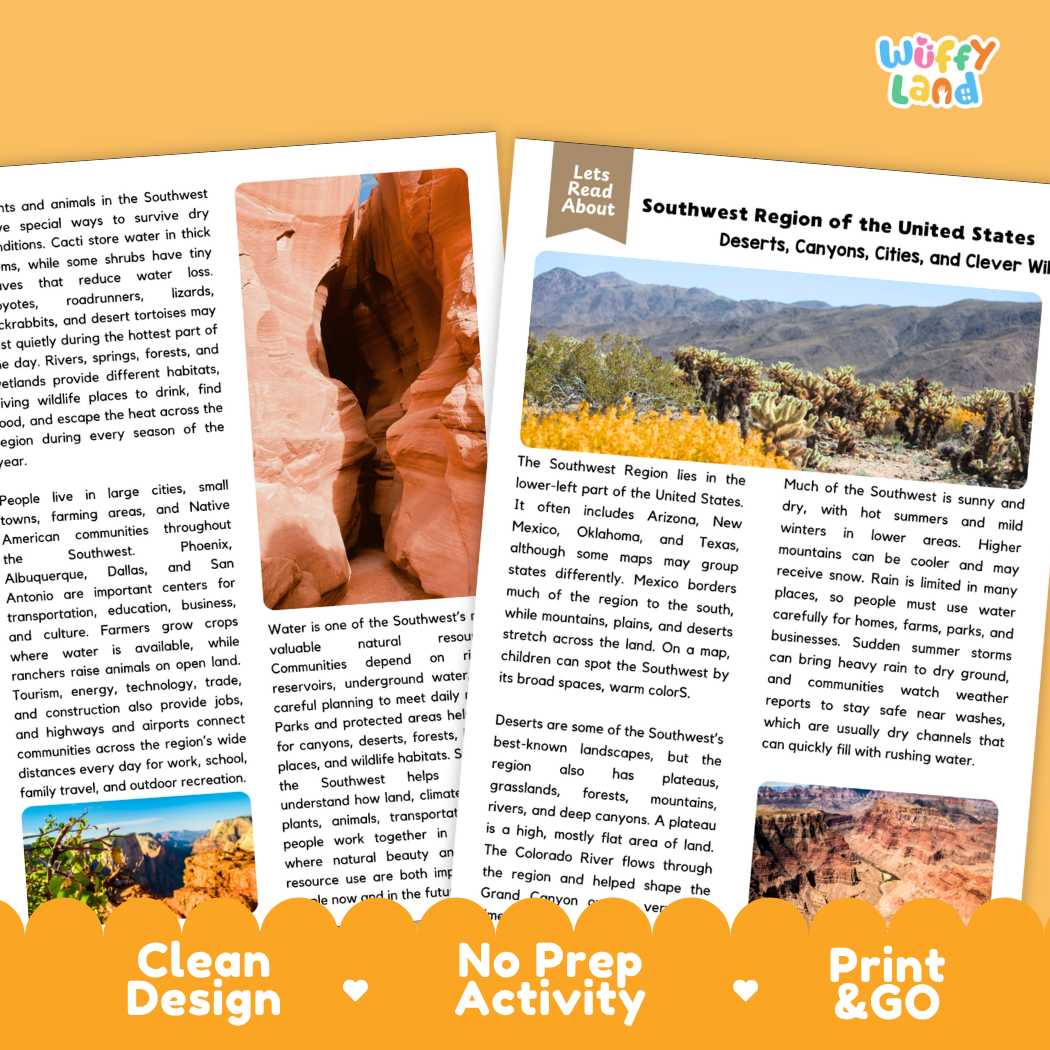 Teacher answer key page showing complete question solutions for Southwest region U.S. geography reading comprehension practice