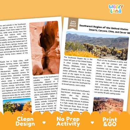 Teacher answer key page showing complete question solutions for Southwest region U.S. geography reading comprehension practice
