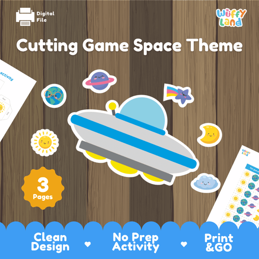 Space cutting game printable scissor skills and fine motor craft pack overview from Wuffy Land featuring 3 activity pages 🛸✂️