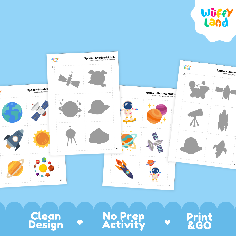Full color space object cards featuring planet Earth, satellite, rocket, sun, and solar system diagram