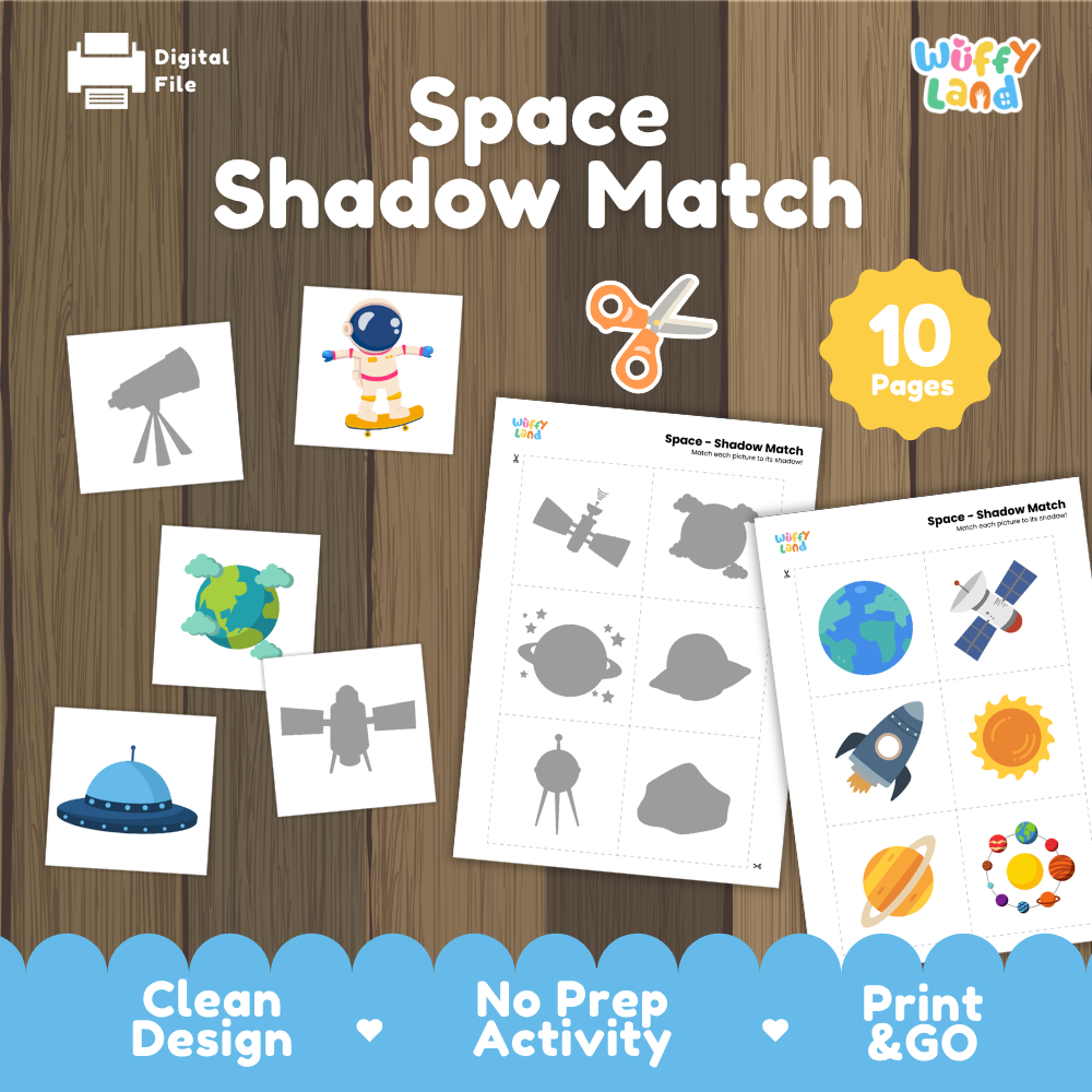 Space shadow match activity cover showing 10-page printable pack with telescope silhouette, astronaut on skateboard, and shadow matching worksheets
