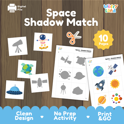 Space shadow match activity cover showing 10-page printable pack with telescope silhouette, astronaut on skateboard, and shadow matching worksheets