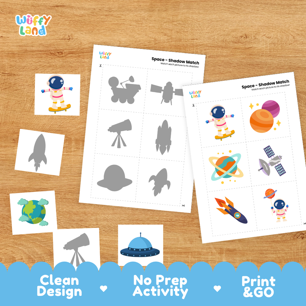 Printable shadow matching grid sheet showing silhouettes of satellites, planets, flying saucers, and meteors