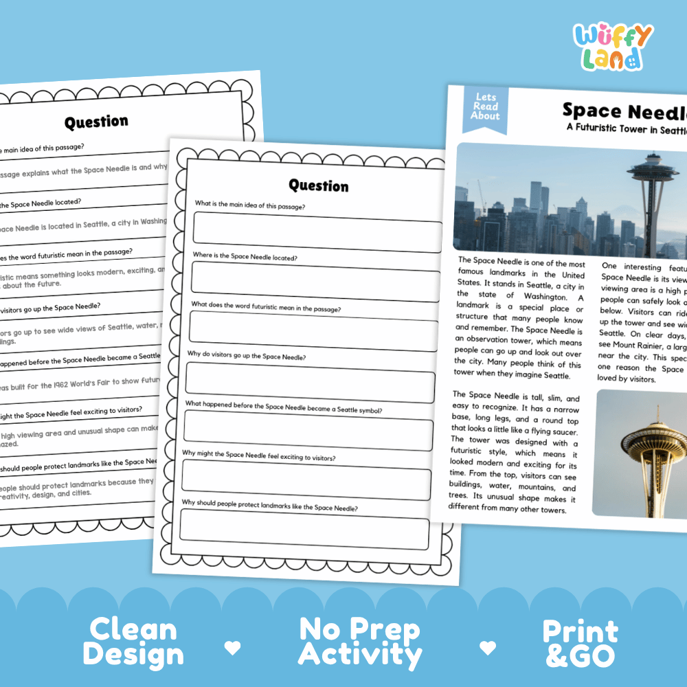 Space Needle Landmark Reading Passages and Comprehension Worksheets
