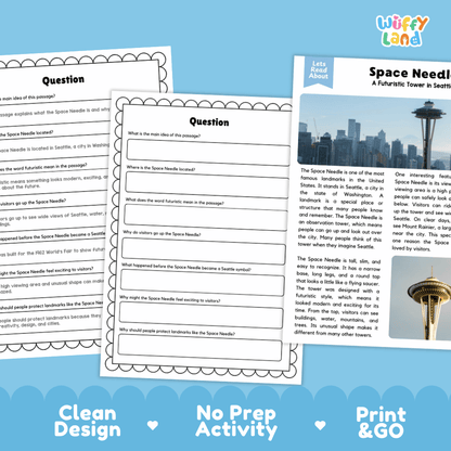 Space Needle Landmark Reading Passages and Comprehension Worksheets