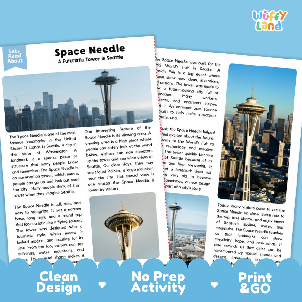 Space Needle Landmark Reading Passages and Comprehension Worksheets