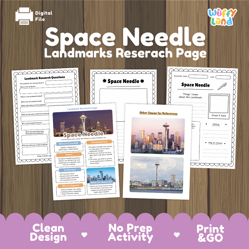 Digital product preview for a 'Space Needle Landmarks Research Page' activity sheet set by Wiffy Land. The image shows several printable worksheet pages arranged on a wood-grain background, with a purple banner at the bottom highlighting features like 'Clean Design', 'No Prep Activity', and 'Print & GO'.