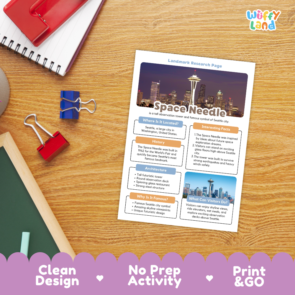 An educational 'Landscape Research Page' about the Space Needle in Seattle, displayed on a wooden desk with school supplies like a spiral notebook, binder clips, and a chalkboard. The page features a colorful layout with a space-themed cityscape header and text boxes.