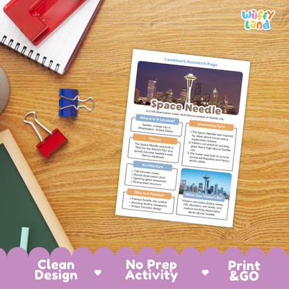 An educational 'Landscape Research Page' about the Space Needle in Seattle, displayed on a wooden desk with school supplies like a spiral notebook, binder clips, and a chalkboard. The page features a colorful layout with a space-themed cityscape header and text boxes.