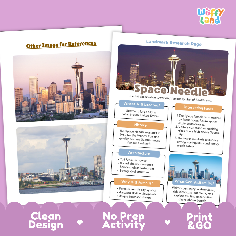 An educational geography activity sheet about the Space Needle in Seattle, displayed on a light purple background with a 'Wiffly land' logo in the top right. The sheet features a map, a color-coded timeline of the Space Needle's history, and a photograph of the landmark.