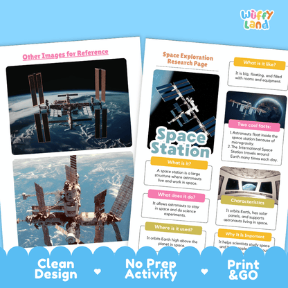 Two educational activity sheets about the space station displayed on a light blue background with a dark blue banner at the bottom. The sheets feature colorful text boxes, a main 'Space Station' title, and images of the station and Earth.