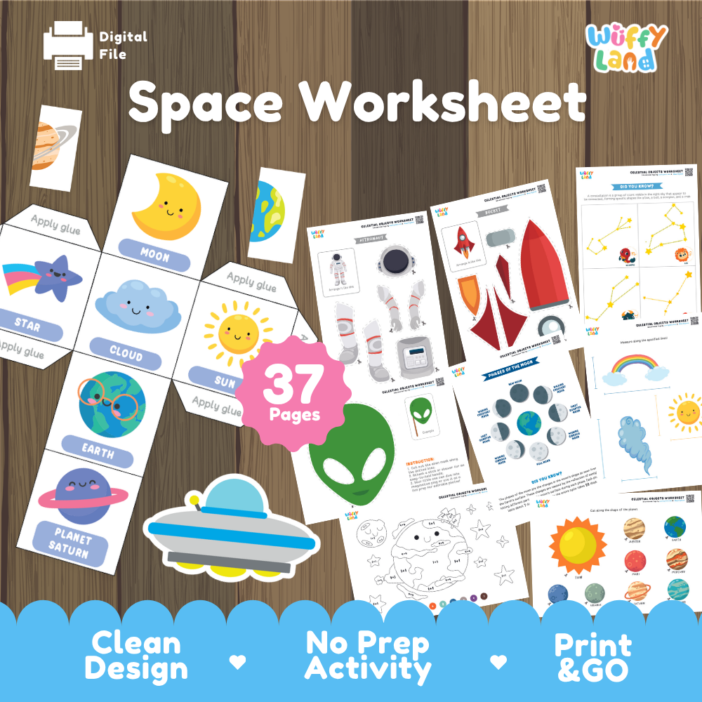 Space-themed printable worksheet bundle cover showing multiple activity pages and cutout graphics on a wood background, with a pink badge reading '37 pages' and a 'Wiffly land' logo. Text at the top says 'Space Worksheet' and the bottom banner says 'Clean Design', 'No Prep Activity', and 'Print & GO'.