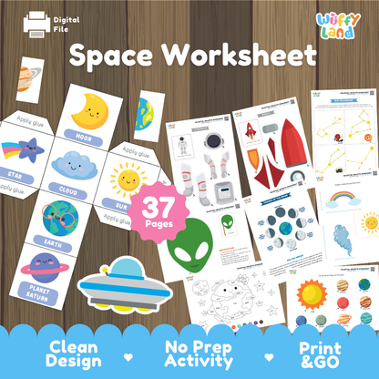 Space-themed printable worksheet bundle cover showing multiple activity pages and cutout graphics on a wood background, with a pink badge reading '37 pages' and a 'Wiffly land' logo. Text at the top says 'Space Worksheet' and the bottom banner says 'Clean Design', 'No Prep Activity', and 'Print & GO'.