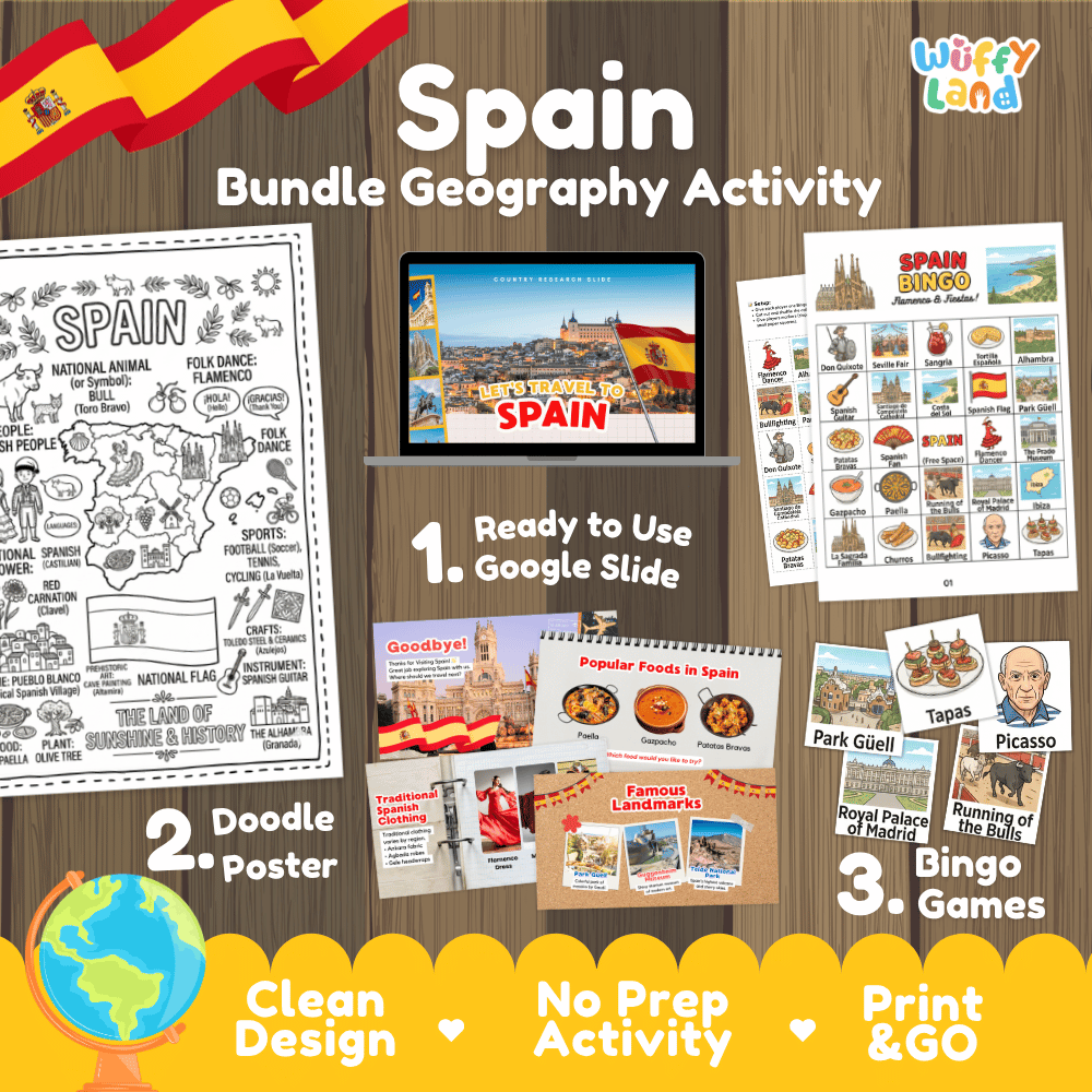 Complete Spain geography activity bundle featuring Google Slides, doodle coloring poster, and classroom bingo games 🇪🇸🎒