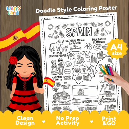 Spain country study doodle style coloring poster printable page featuring map, Sagrada Familia, and cultural symbols