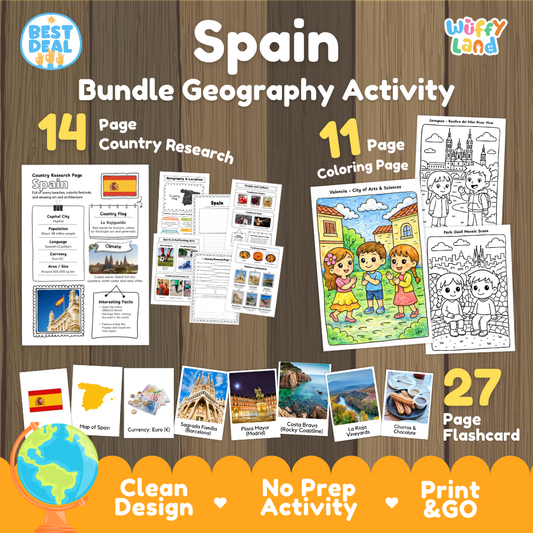 Spain geography activity bundle cover showing 14 country research pages, 11 coloring pages, and 27 photo flashcards