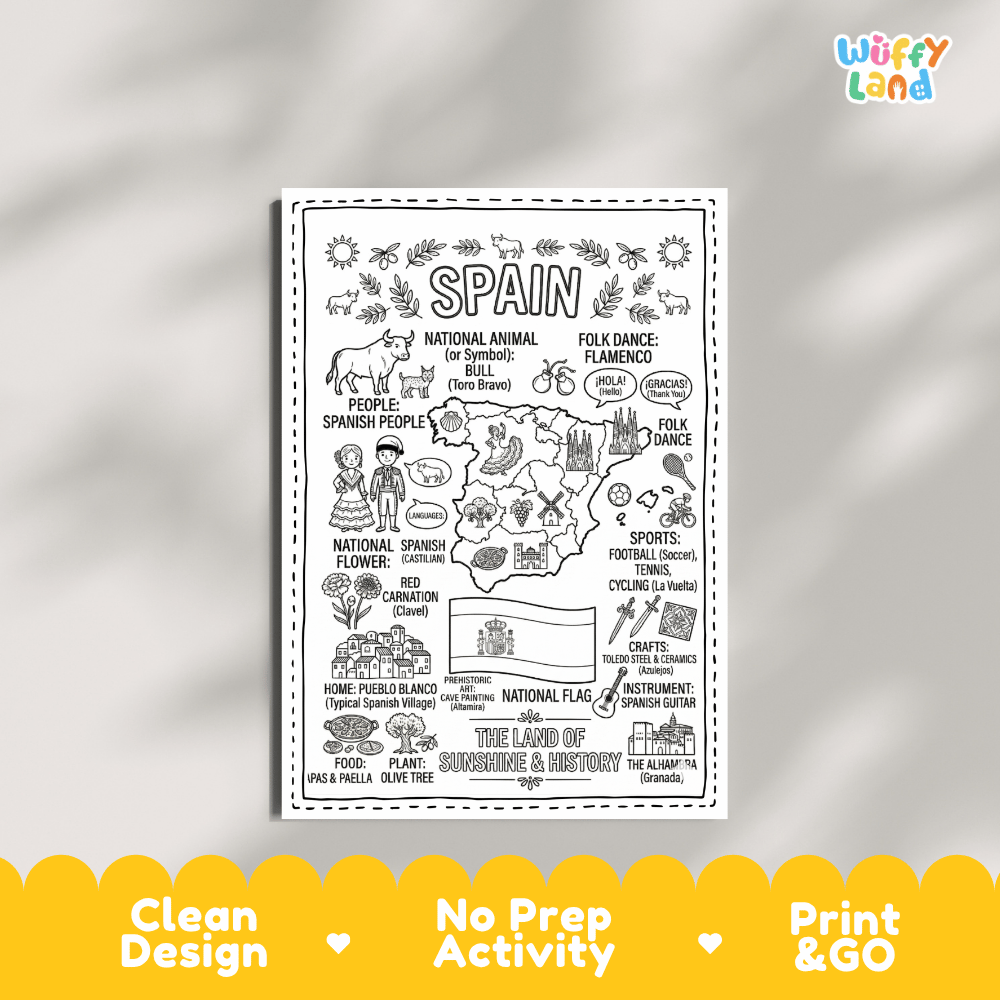 Educational activity coloring page highlighting Spanish Bull Toro Bravo, Red Carnation Clavel flower, and national flag