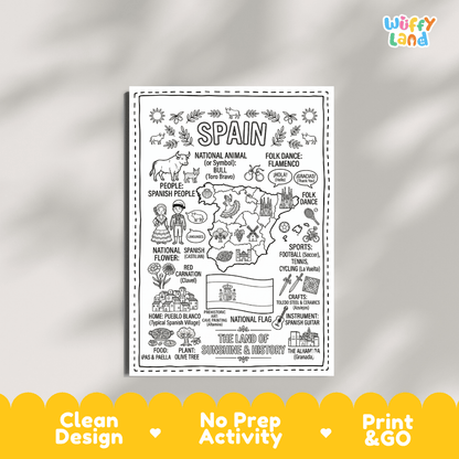 Educational activity coloring page highlighting Spanish Bull Toro Bravo, Red Carnation Clavel flower, and national flag