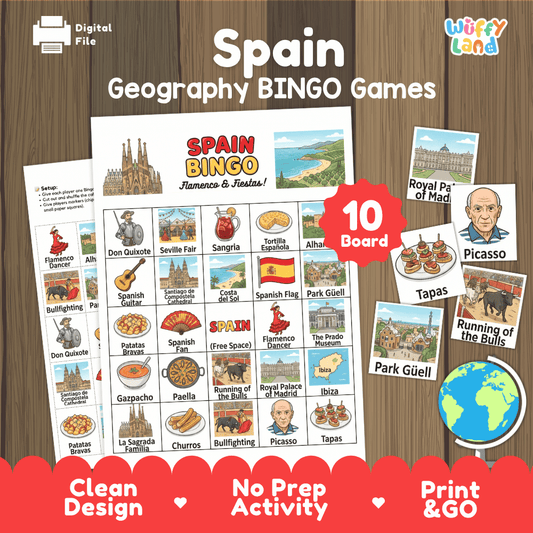 Classroom educational Bingo game cards featuring Pablo Picasso, Park Güell, Tapas, and Running of the Bulls 🎲🎨