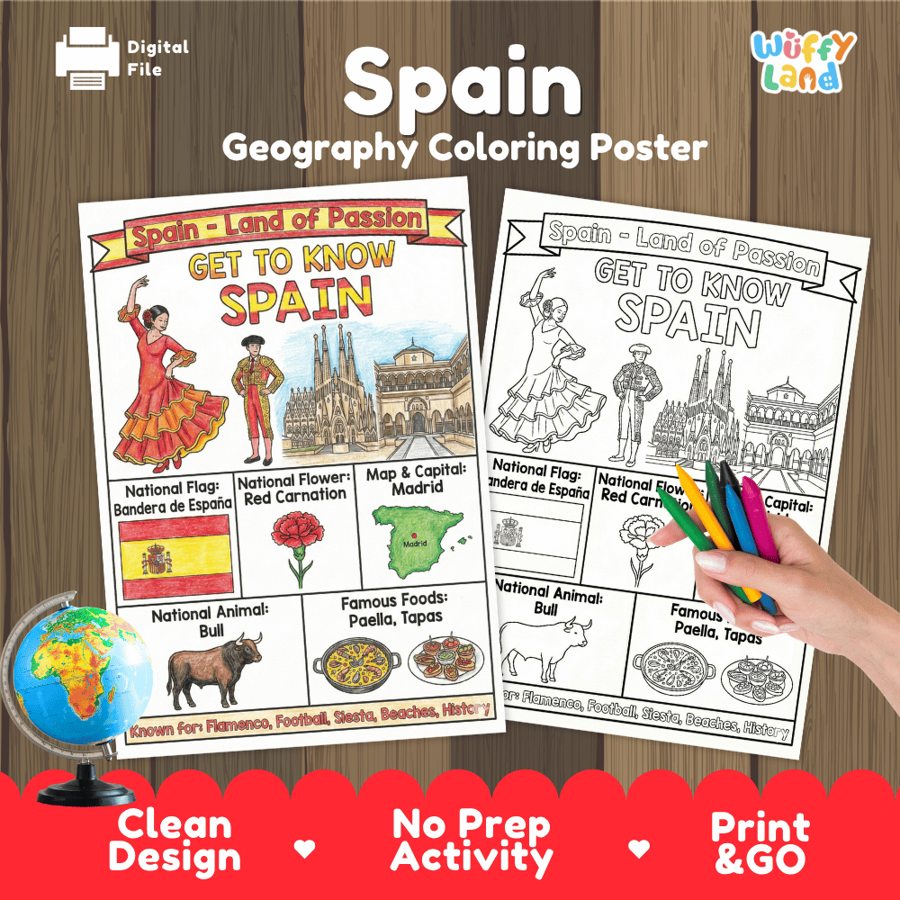 Spain Geography Coloring Poster and Fact Sheet Printables