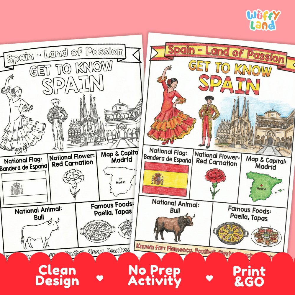 Spain Geography Coloring Poster and Fact Sheet Printables