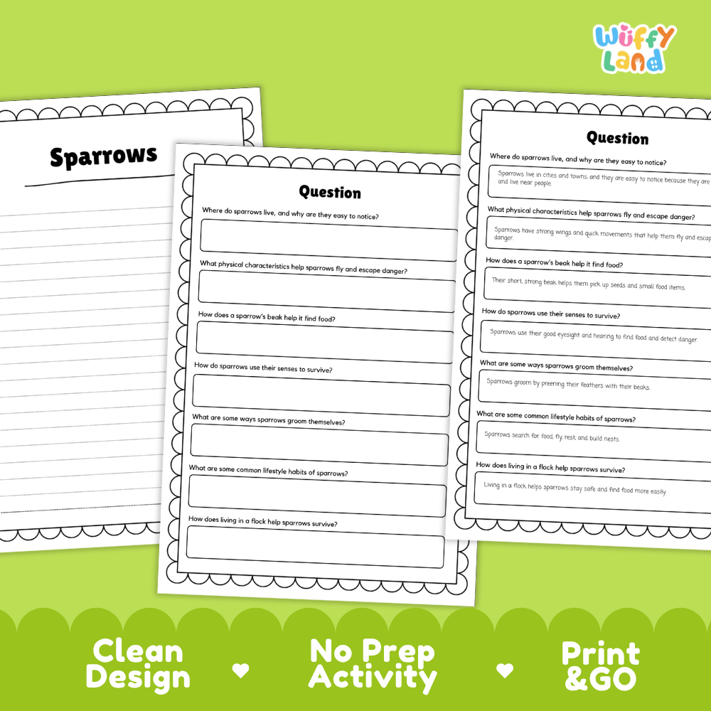 Sparrows Reading Passage and Comprehension Questions Worksheets with Answer Key