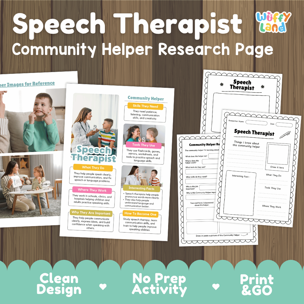 Speech therapist community helper research page writing worksheets pack featuring real photos and student activity pages for elementary social studies