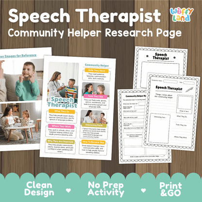 Speech therapist community helper research page writing worksheets pack featuring real photos and student activity pages for elementary social studies