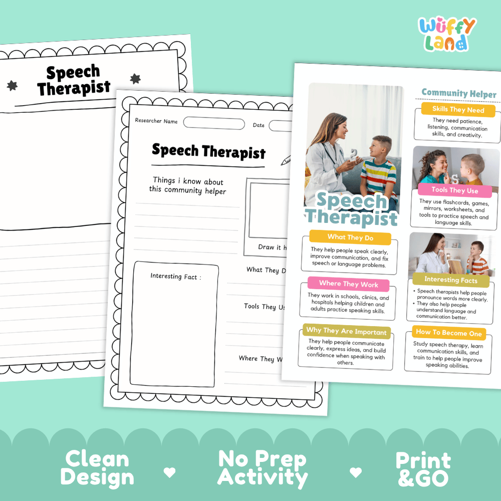 Educational reference poster with real photography showing speech therapist duties, flashcards, mirror tools, and interesting facts