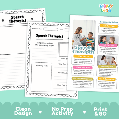 Educational reference poster with real photography showing speech therapist duties, flashcards, mirror tools, and interesting facts