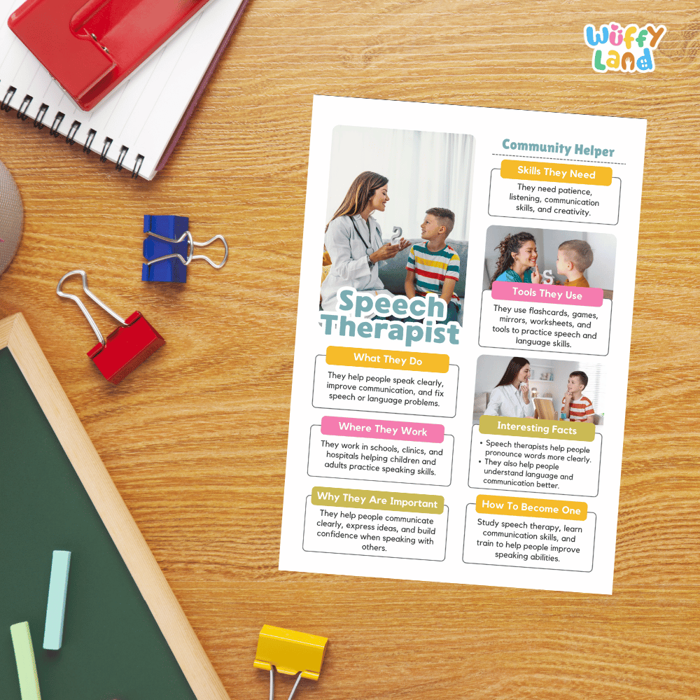 Guided student writing worksheets with lined sections for recording facts and a dedicated box for drawing or pasting a picture of a speech therapist